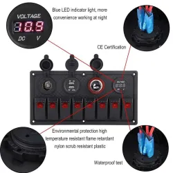 8-gang rocker switch panel - 12 - 24V - USB - LED - cigarette lighter socket - étanche